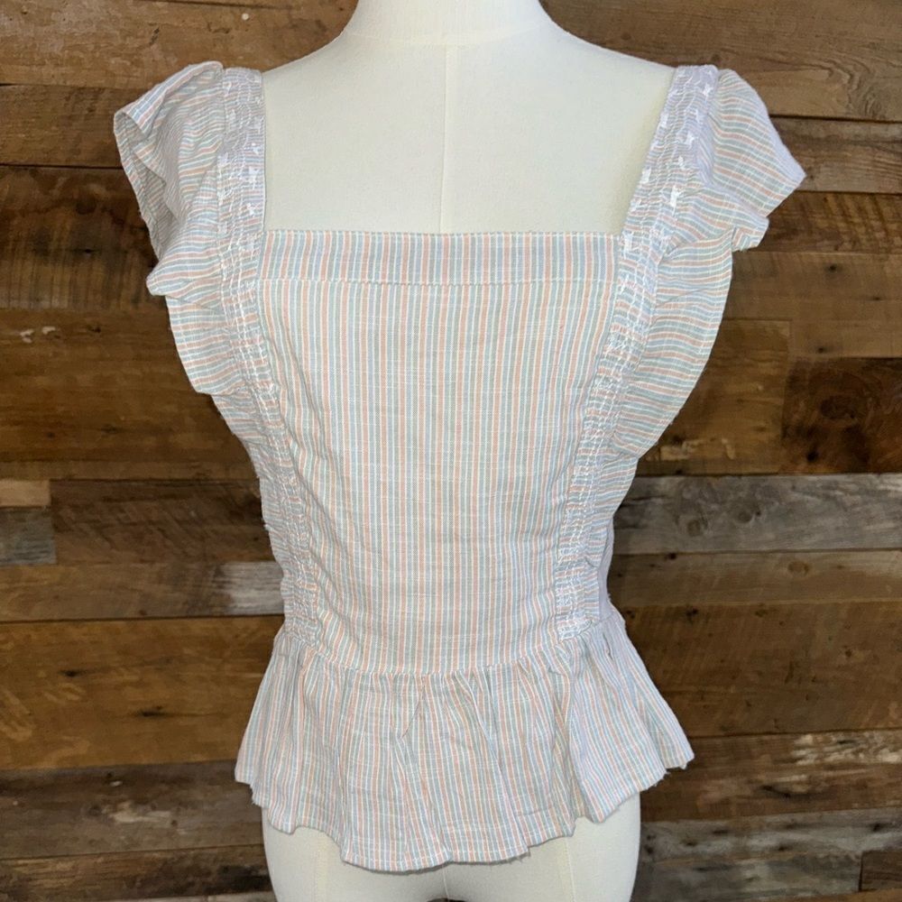 Jopna Woman's Smocked back Peplum Square Neck Striped Ruffles Top Sz L